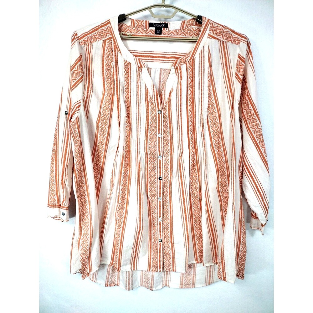 Roaman's Plus Size 32W Women's Button Up Hi Lo Blouse Orange Roll Tab Sleeves